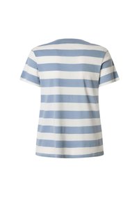 T-shirt rayé à manches courtes, présentant des rayures horizontales bleu clair et blanches. Fabriqué en tissu en coton doux avec un col rond.