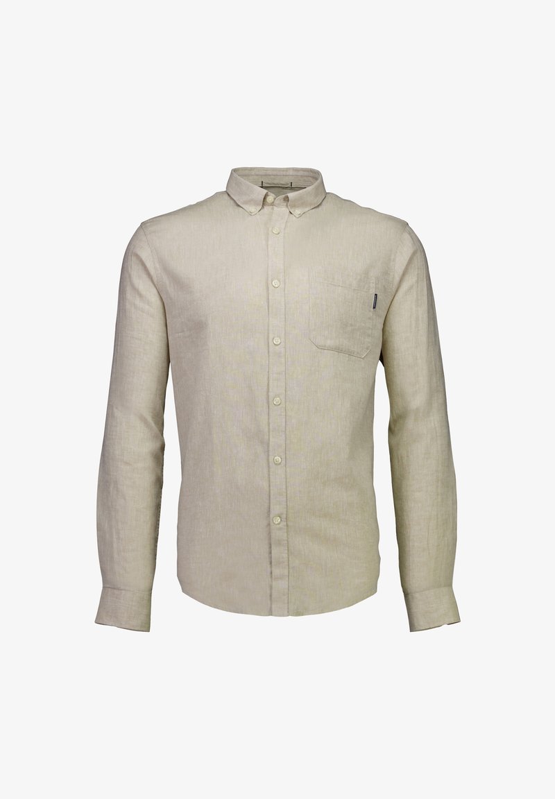 Beiges Leinenhemd mit langen Ärmeln, einem Button-Down-Kragen und einer aufgesetzten Tasche auf der linken Brust. Glatte Textur mit dezentem Muster.