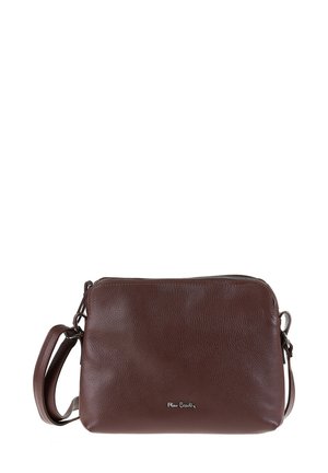 Borsa a tracolla in pelle marrone con superficie texture, chiusura con zip e tracolla regolabile. Presenta un sottile dettaglio del logo sul fronte.
