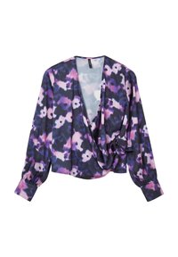 Blouse à manches longues en imprimé floral violet, rose et noir. Présente une décolletée en V profond et des détails noués à la taille. Tissu lisse et léger.
