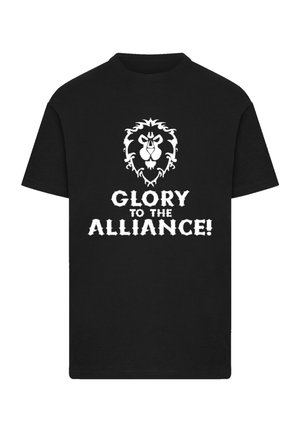 Schwarzes T-Shirt aus Baumwolle mit einem weißen Löwendesign über dem Text "EHRFURT DER ALLIANCE!" in einer fetten, grafischen Schriftart.