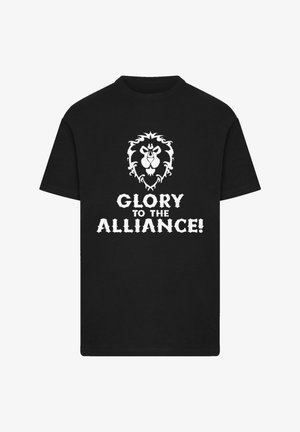 Black t-shirt made of cotton featuring a white lion design above the text "GLORY TO THE ALLIANCE!" in a bold, graphic font.