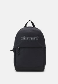 Zaino in nylon nero con logo del marchio, forma arrotondata, tasca frontale con zip e tasche laterali in rete per un'ulteriore capacità di stoccaggio e ventilazione.