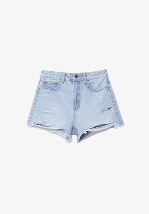 Lyseblå denimshorts med høj talje, slitage-detaljer, frynset kant og fem lomme-design.
