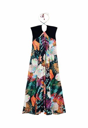 Rochie maxi neagră cu guler halter, imprimată cu flori și frunze tropicale vibrante în portocaliu, roz, verde și alb, cu fustă fluidă.
