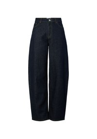 Platas kājas tumši zila denima bikses ar augstu jostu, pabeigtas ar kontrastējošām oranžām šuvēm un priekšējo pogu aizdari.