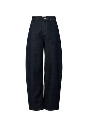 Hellebänder dunkelblaue Jeans mit weitem Bein und hoher Taille, versehen mit kontrastierendem orangefarbenem Nähen und einem Knopfverschluss auf der Vorderseite.