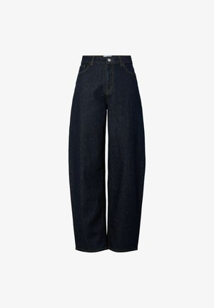 Bredde ben mørkeblå denim jeans med høj talje, færdiggjort med kontrasterende orange syninger og en knaplukning foran.
