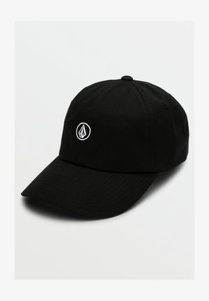 Gorra de béisbol negra hecha de tela con visera curvada. Presenta un logo blanco bordado en la parte frontal. Material resistente con superficie texturizada.