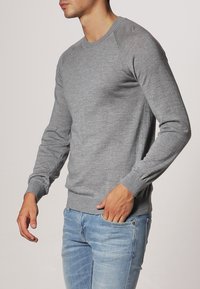 Grauer langärmeliger Sweatshirt aus weichem Stoff, mit gerippten Bündchen und Saum sowie einem Rundhalsausschnitt in schlichtem Design.