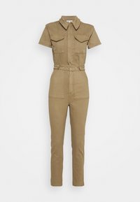 Khaki jumpsuit med korta ärmar, två bröstfickor, midja med bälte och tapered ben. Tillverkad av ett robust tyg med en slät yta.