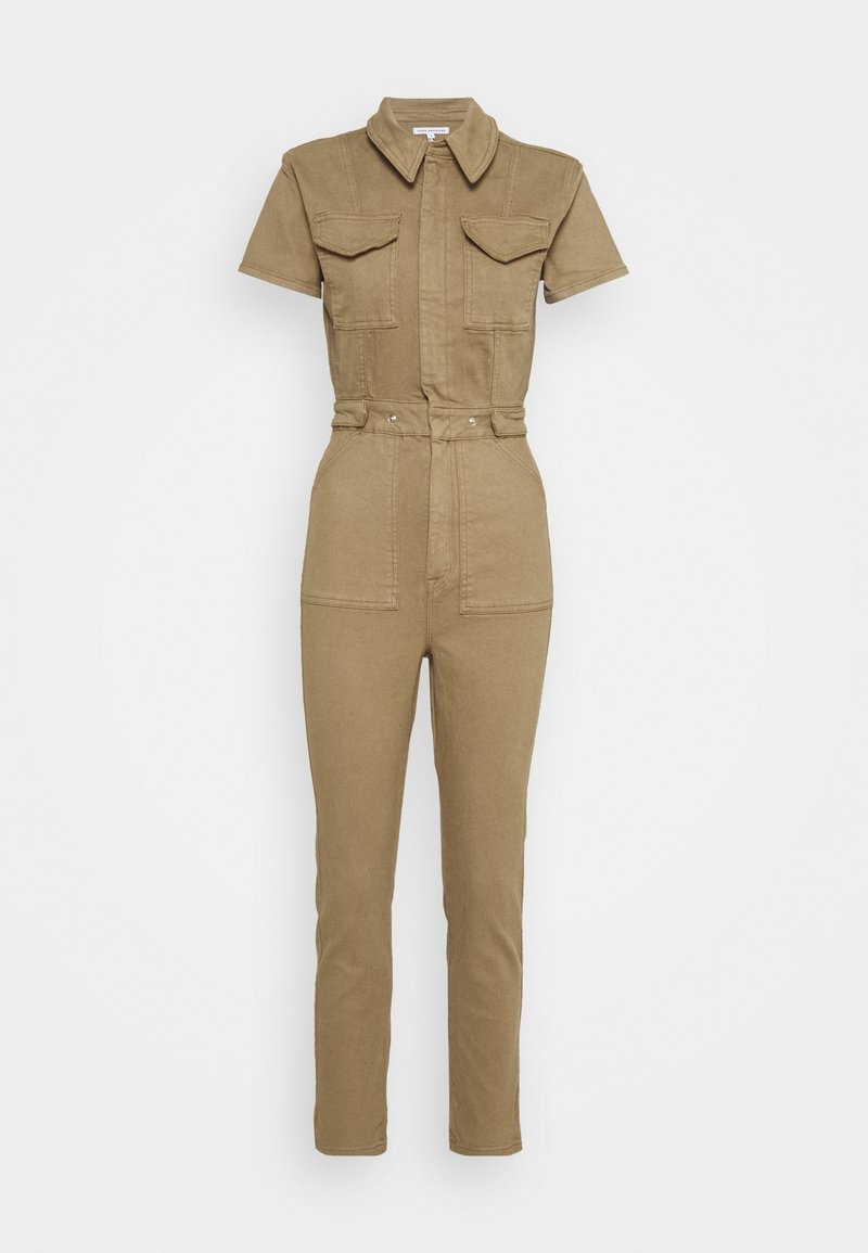 Khaki jumpsuit med korta ärmar, två bröstfickor, midja med bälte och tapered ben. Tillverkad av ett robust tyg med en slät yta.