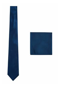 Marineblaue Seidenkrawatte und passendes Einstecktuch, glatte Textur, schlankes Design und einfarbig, ohne Muster oder Akzente.