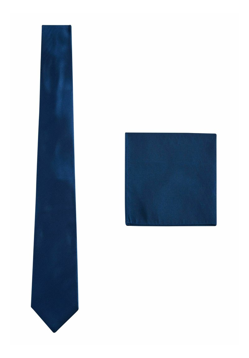 Marineblaue Seidenkrawatte und passendes Einstecktuch, glatte Textur, schlankes Design und einfarbig, ohne Muster oder Akzente.
