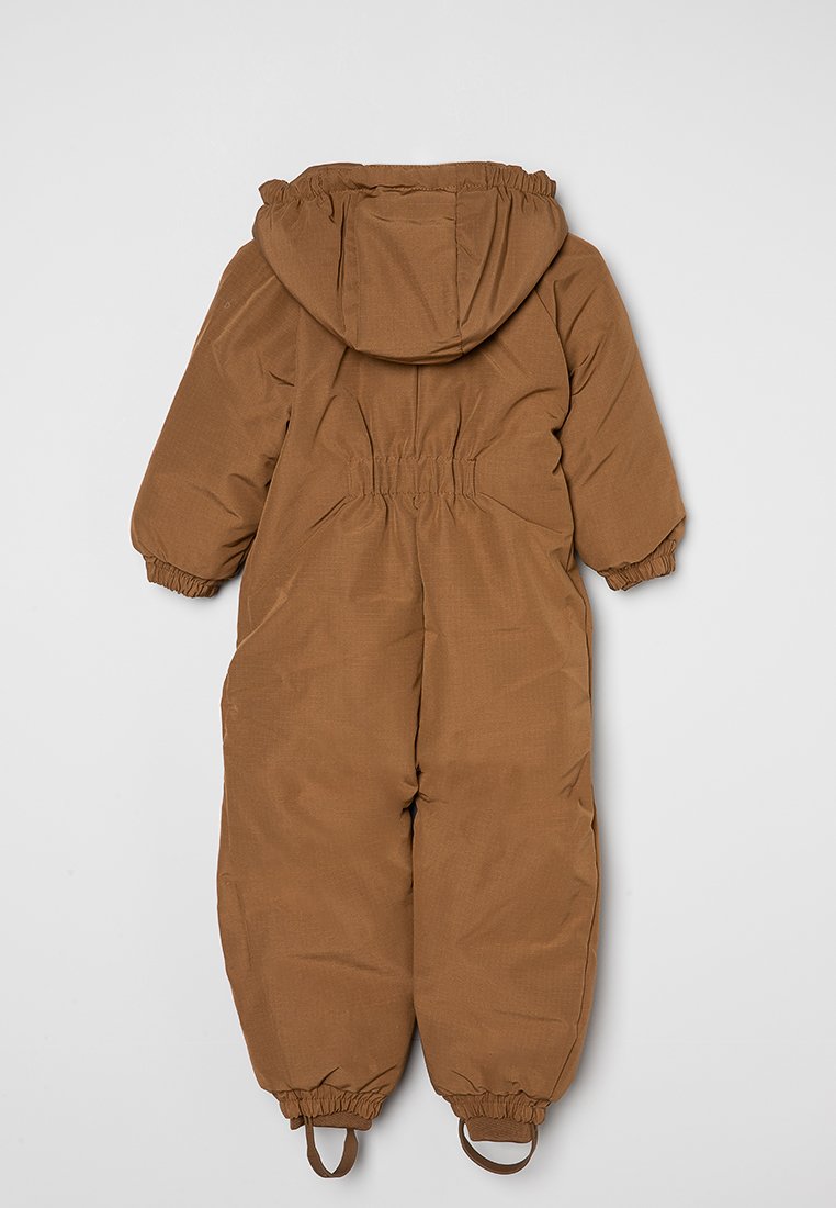 Brauner gepolsterter Einteiler mit Kapuze, elastischen Bündchen und Taillenbund. Glatte Textur, entworfen für Wärme und Komfort bei kaltem Wetter.