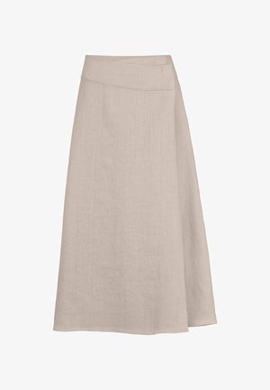 Beiger Midirock in A-Linie aus strukturiertem Stoff mit einem hohen Bund, der ein dezentes überlappendes Detail aufweist.