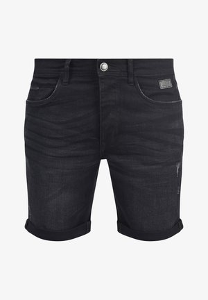 Schwarze Jeansshorts im klassischen Schnitt, mit umgeschlagenen Säumen, subtilen Abnutzungserscheinungen und Fronttaschen. Mit einem silbernen Knopfverschluss ausgestattet.