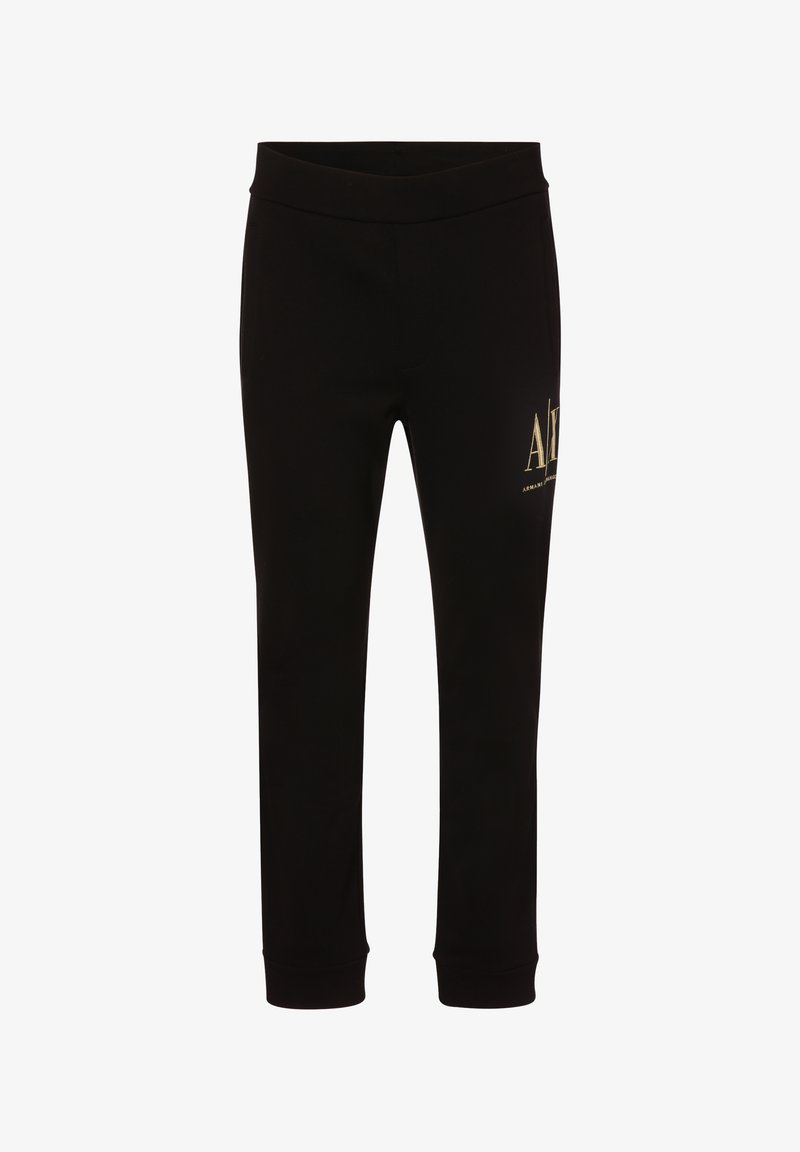 Pantaloni della tuta neri realizzati in tessuto morbido, con una vestibilità slim, vita elastica e dettaglio con logo dorato sulla coscia sinistra.