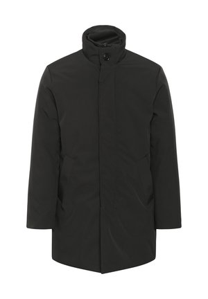 Abrigo negro aislante con un alto cuello, cierre frontal de botones y dos bolsillos laterales. Tejido suave con un diseño minimalista.