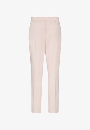 Light pink tailored trousers with a straight leg, featuring front pockets, a flat front, and a smooth, woven fabric texture.