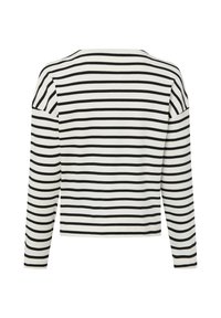 Langärmliges, gestreiftes Shirt mit horizontalen schwarzen und weißen Streifen, einem lockeren Schnitt und einem Rundhalsausschnitt. Glatter Baumwollstoff.