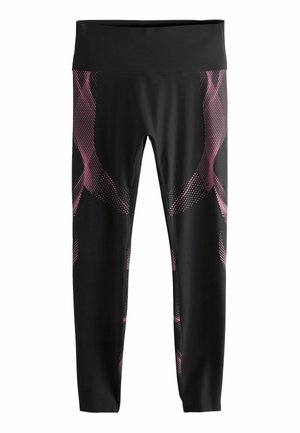 Leggings negre cu un chingi lată, având un model cu puncte roz pe laterale, confecționate dintr-un material neted și elastic pentru confort.