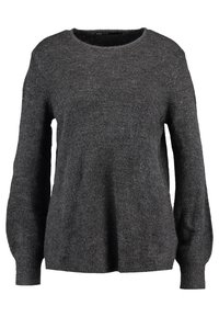 Pullover grigio scuro realizzato in materiale tessurizzato. Presenta un colletto tondo, maniche lunghe e polsini a coste per una vestibilità rilassata.