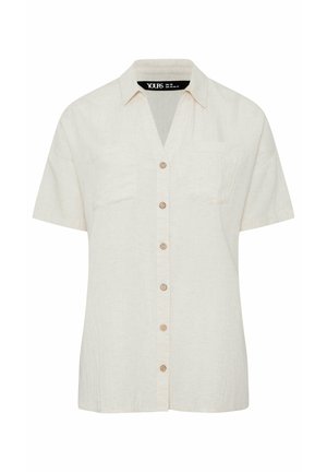 Cremefarbenes kurzärmeliges Hemd mit Kragen und zwei Brusttaschen, Größe UK 18, EUR 46, US 14.