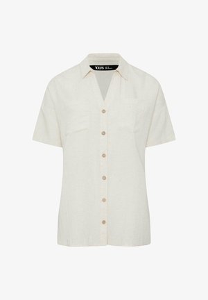 Cremefarbenes kurzärmeliges Hemd mit Kragen und zwei Brusttaschen, Größe UK 18, EUR 46, US 14.