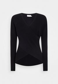 Schwarzes, langärmliges Strickoberteil mit V-Ausschnitt und einem Wickeldesign, das eine asymmetrische Form mit einer glatten Textur erzeugt.