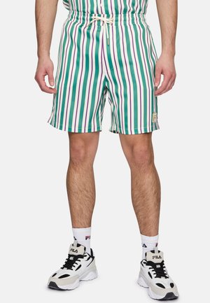 Pantaloni corti a righe verdi e bianche con accenti viola e rosa, vita elastica con cordoncino e toppa con logo di lato.