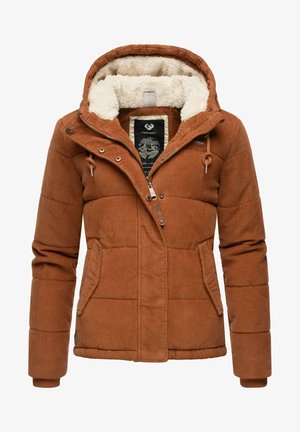 Giacca in corduroy marrone con zip frontale, design imbottito e cappuccio foderato in pelliccia sintetica. Presenta due tasche frontali e cordini regolabili.