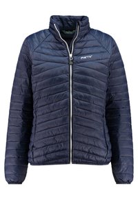 Giacca puffer blu con design trapuntato, colletto alto, zip frontale e polsini elasticizzati. Presenta un logo discreto sulla parte sinistra del petto.