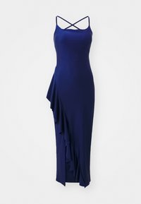 Navy blue midi dress in smooth fabric featuring crossed spaghetti straps and asymmetrical ruffled detailing along one side.