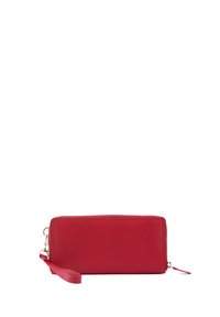 Rectangular red leather wallet with a textured surface, zipper closure, and detachable wrist strap. Gold hardware accents.