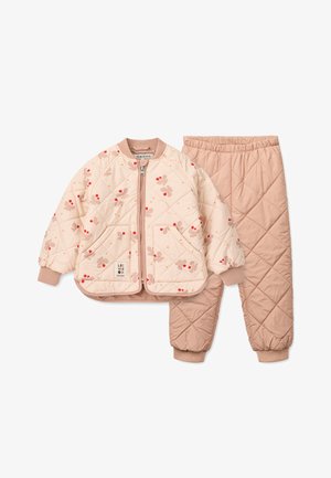 Gesteppter beigefarbener Jacken- und Hosenanzug mit Blumenmustern in Pink und Rot. Verfügt über elastische Bündchen, einen Reißverschluss vorne und zwei Vordertaschen.