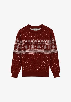 Rød strikket sweater med lange ærmer, rund hals, prydet med hvide snefnug og rensdyr mønstre over brystet og ærmerne.