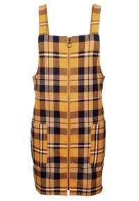 Sukienka w kratę w kolorach żółtym i granatowym, z ramiączkami na ramiona, zamkiem z przodu oraz dwoma bocznymi kieszeniami. Wykonana z teksturowanej tkaniny o konstrukcyjnym kroju.