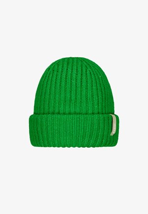 Grüne Strickmütze mit geripptem Muster und umgeschlagenem Saum. Verfügt über ein kleines Etikett an der Seite, hergestellt aus weichem Garnmaterial.