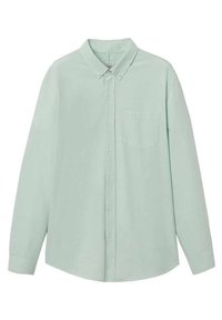 Chemise boutonnée à manches longues vert menthe, en coton, avec une poche poitrine unique, col boutonné, ourlet droit, sans motifs ni accents.