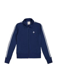Giacca zip-up blu navy realizzata in tessuto morbido, con strisce bianche sulle spalle e polsini e fondo a coste. Logo visibile sul petto.