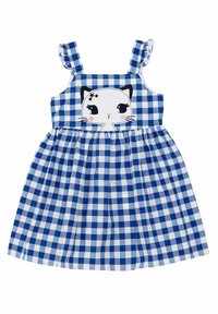 Blauw-witte geruite jurk met ruches op de schouderbanden en een kattengezicht op de lijf. Aangerimpelde flared rok.