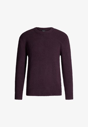 Dunkelvioletter, gestrickter Pullover mit Rundhalsausschnitt, gerippten Bündchen und Saum. Weiche Textur und lange Ärmel. Einfaches, schmuckloses Design.