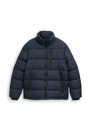 Puhasti jakna, temno modra, prešita zasnova, stojni ovratnik, zadrga spredaj, dva stranska žepa in en žep na prsih s kontrastnim okovjem.