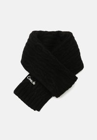 Sort strikket tørklæde med ribbet struktur, der har "Coach" broderet i hvidt i den ene ende. Blødt materiale øger varme og komfort.