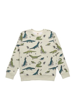 Hellgrüner Pullover mit einem Muster aus illustrierten Krokodilen in verschiedenen Posen und Farben, mit gerippten Bündchen und Saum.