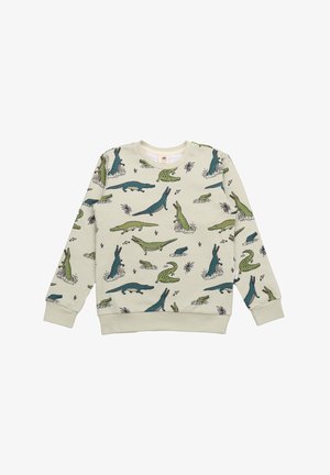 Hellgrüner Pullover mit einem Muster aus illustrierten Krokodilen in verschiedenen Posen und Farben, mit gerippten Bündchen und Saum.