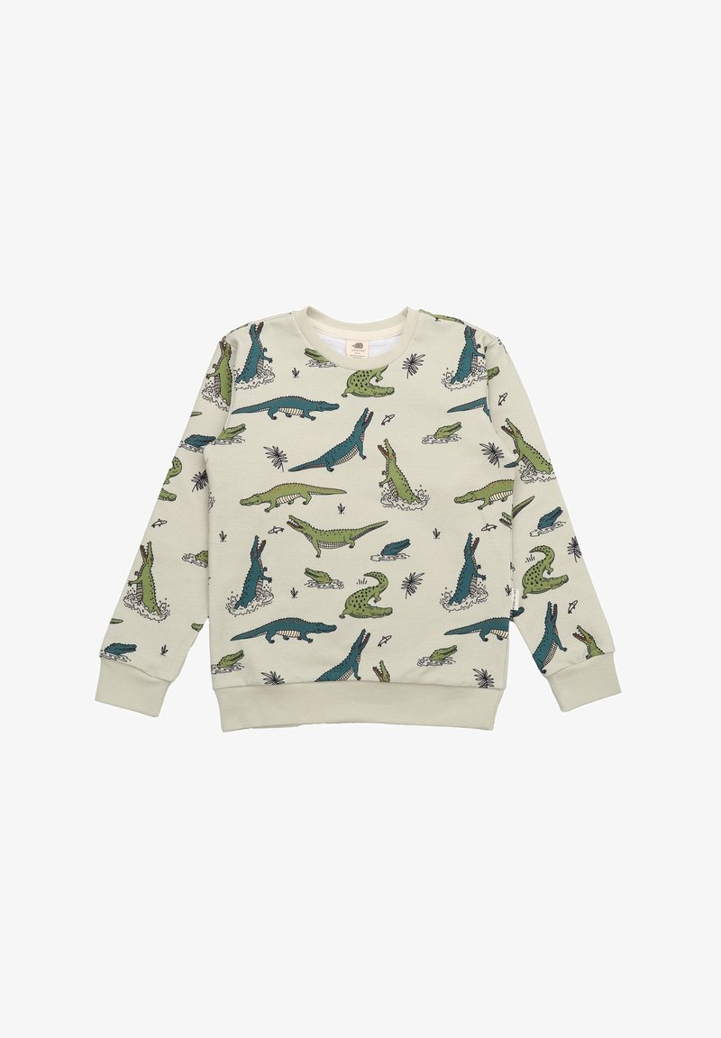 Hellgrüner Pullover mit einem Muster aus illustrierten Krokodilen in verschiedenen Posen und Farben, mit gerippten Bündchen und Saum.