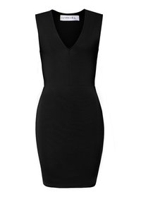 Robe noire sans manches avec un décolleté en V, coupe ajustée et texture lisse. Étiquetée "IVYREVEL" au niveau du décolleté.
