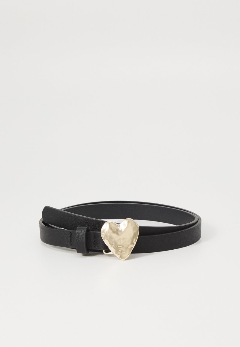 Black leather belt featuring a hammered metallic heart-shaped buckle. The belt is smooth with a narrow width and adjustable fit.